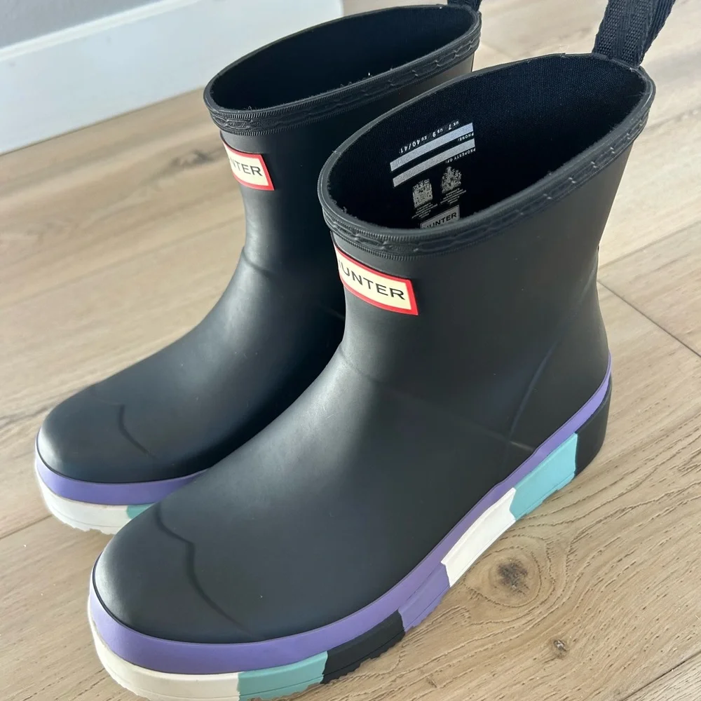 HUNTER Original Play Rain Short Boot Size 9 Black Striped Sole Ankle Wellies - Picture 1 of 7